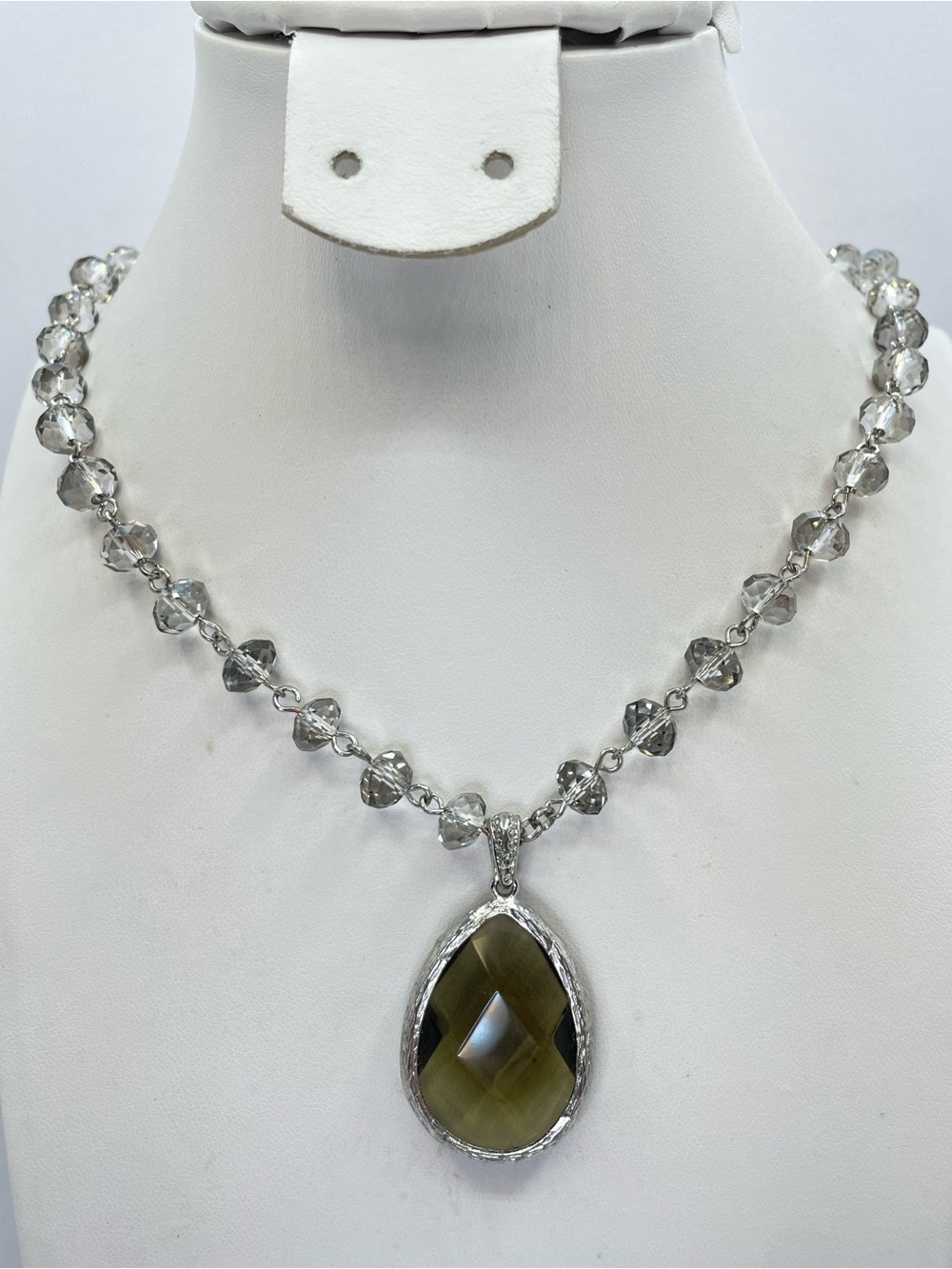 Faux Smokey Quartz Crystal Glass Teardrop Pendant Beaded Necklace Statement